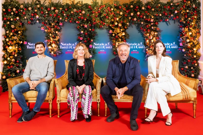 Claudio Colica, Angela Finocchiaro, Christian De Sica e Dharma Mangia Woods alla presentazione del f